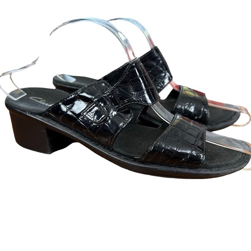 Clarks Chunky Block Heel Patent Leather Croc Slides Open Toe Sandals Shoes sz 8